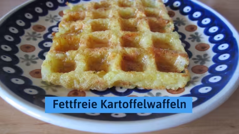 A crispy fat-free potato waffle on a blue and white plate