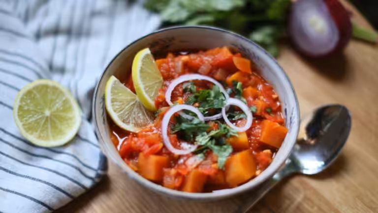 Sweet potato tortilla soup in a bowl