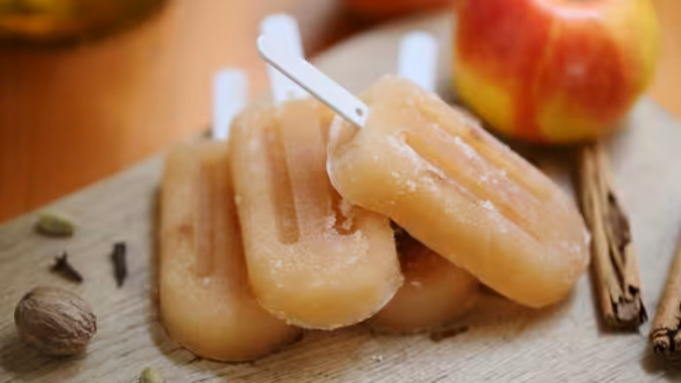 Apple juice popsicles on wooden board with apple