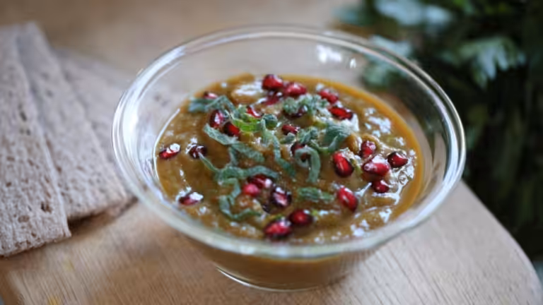 Fat-free eggplant dip in glass bowl