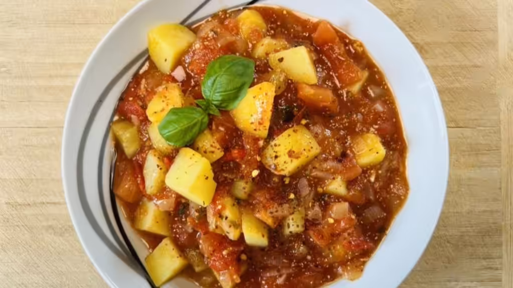 Plate of spicy potatoes with cucumber in tomato-mustard sauce