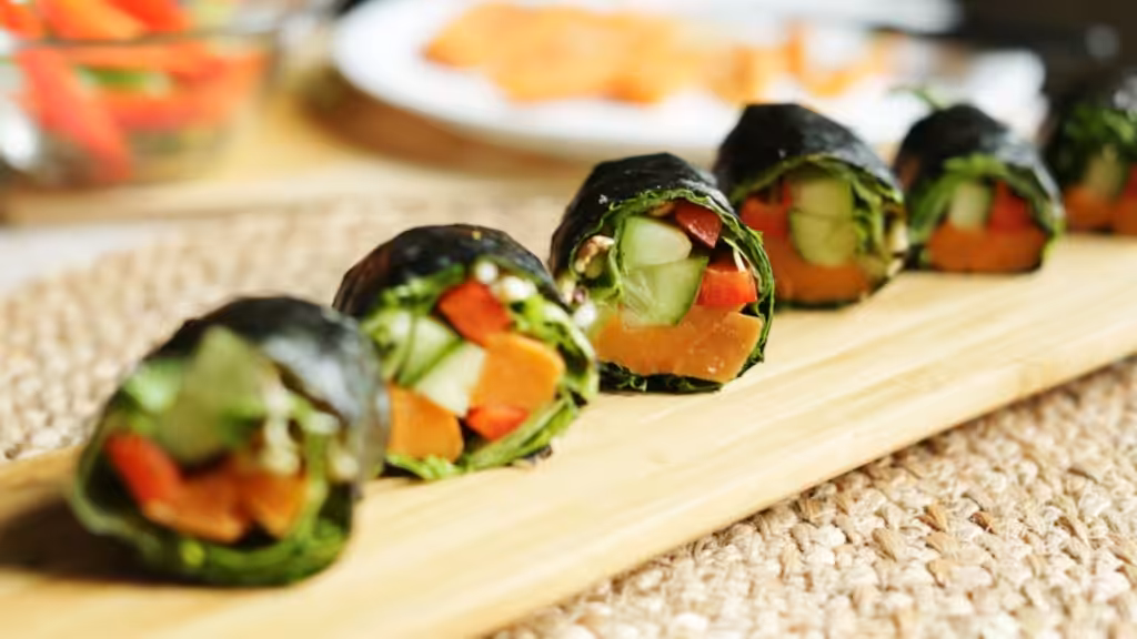 Wooden board with sweet potato nori wraps